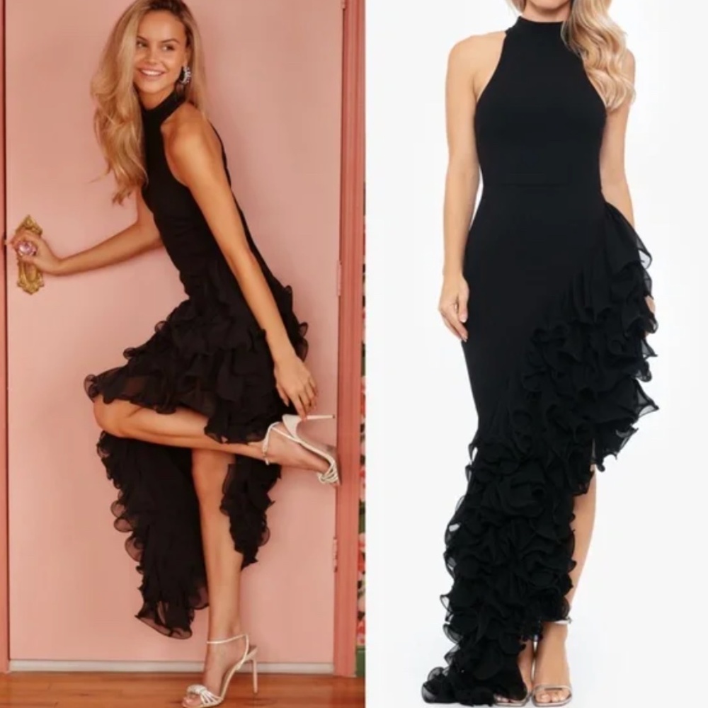 Betsy & Adam Mona Mock Neck Ruffle Asymmetric Prom Dress US 2